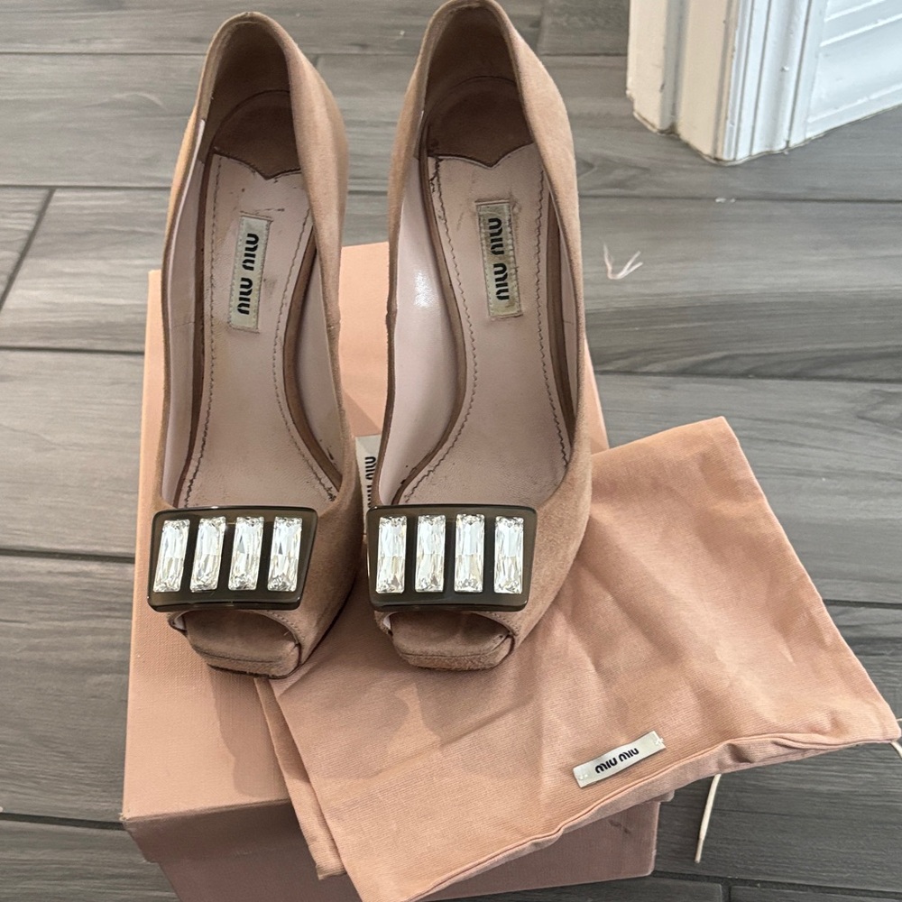 Miu Miu Women's Beige Peep Toe Heels with Crystal Accents